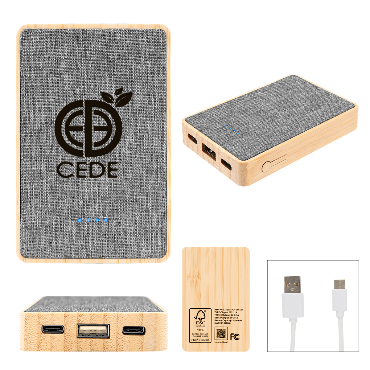 5,000 mAh Bamboo & rPET Power Bank - FSC GRAY WITH BAMBOO