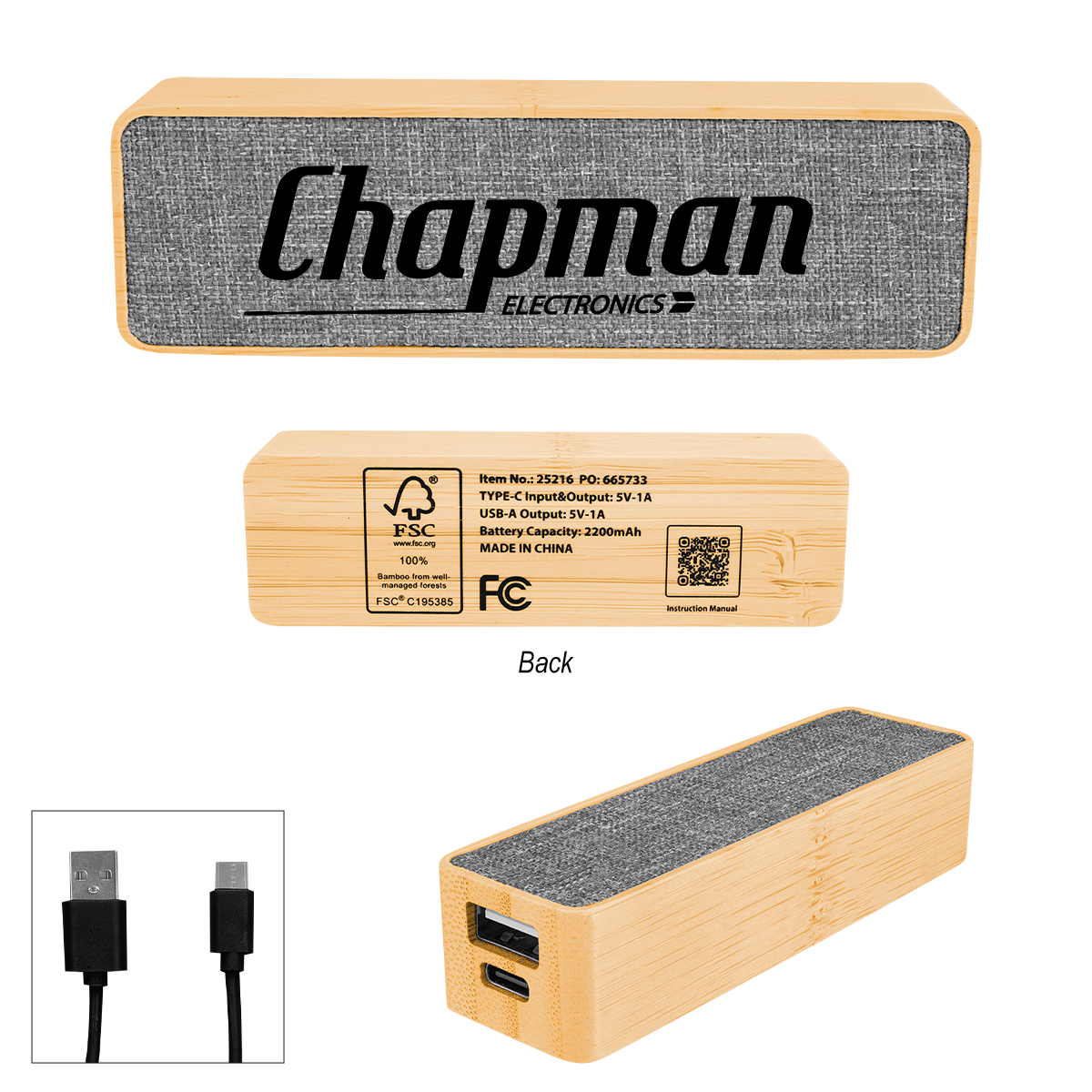 2,200 mAh Bamboo & rPET Power Bank - FSC GRAY WITH BAMBOO