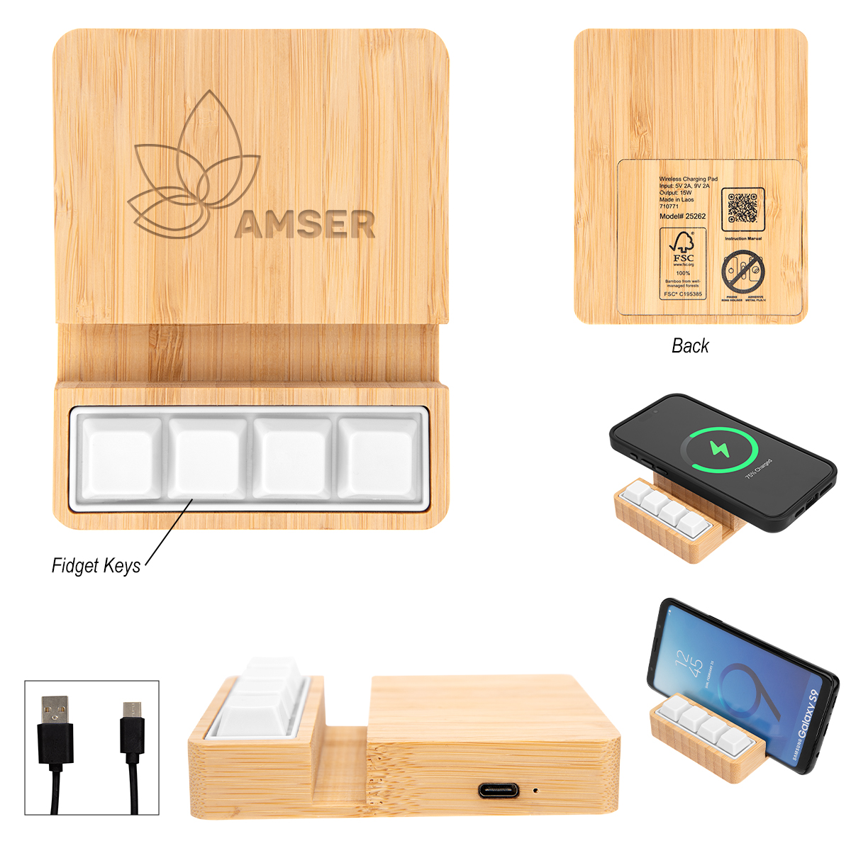 Bamboo Stress Relief Wireless Charger & Phone Stand - FSC BAMBOO