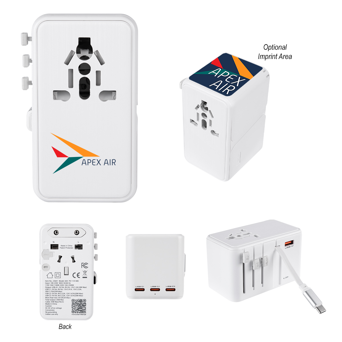 35W International Travel Adapter & Charging Cable - WHITE