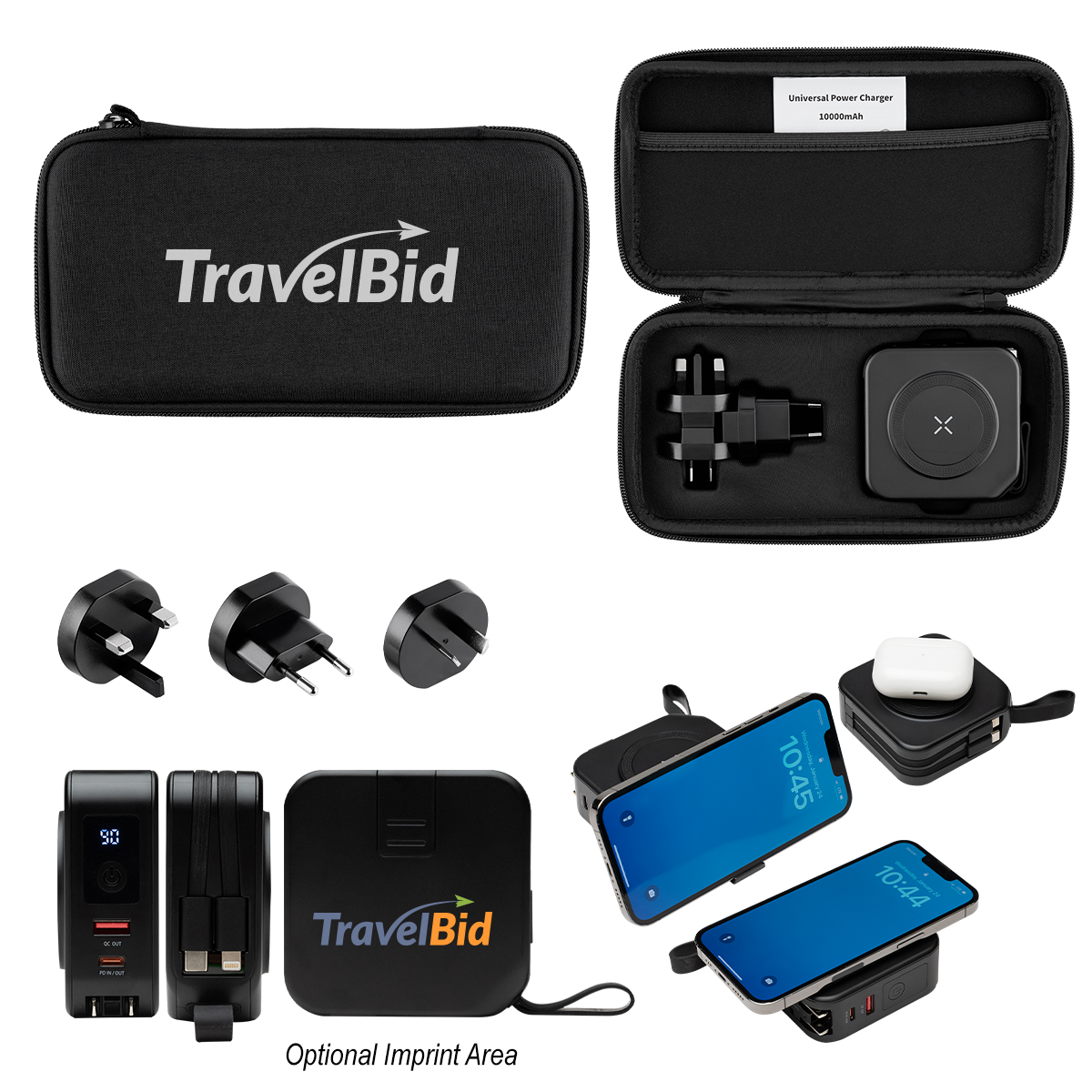 10,000 mAh Power Bank & Charger With International Adapters - BLACK WITH BLACK