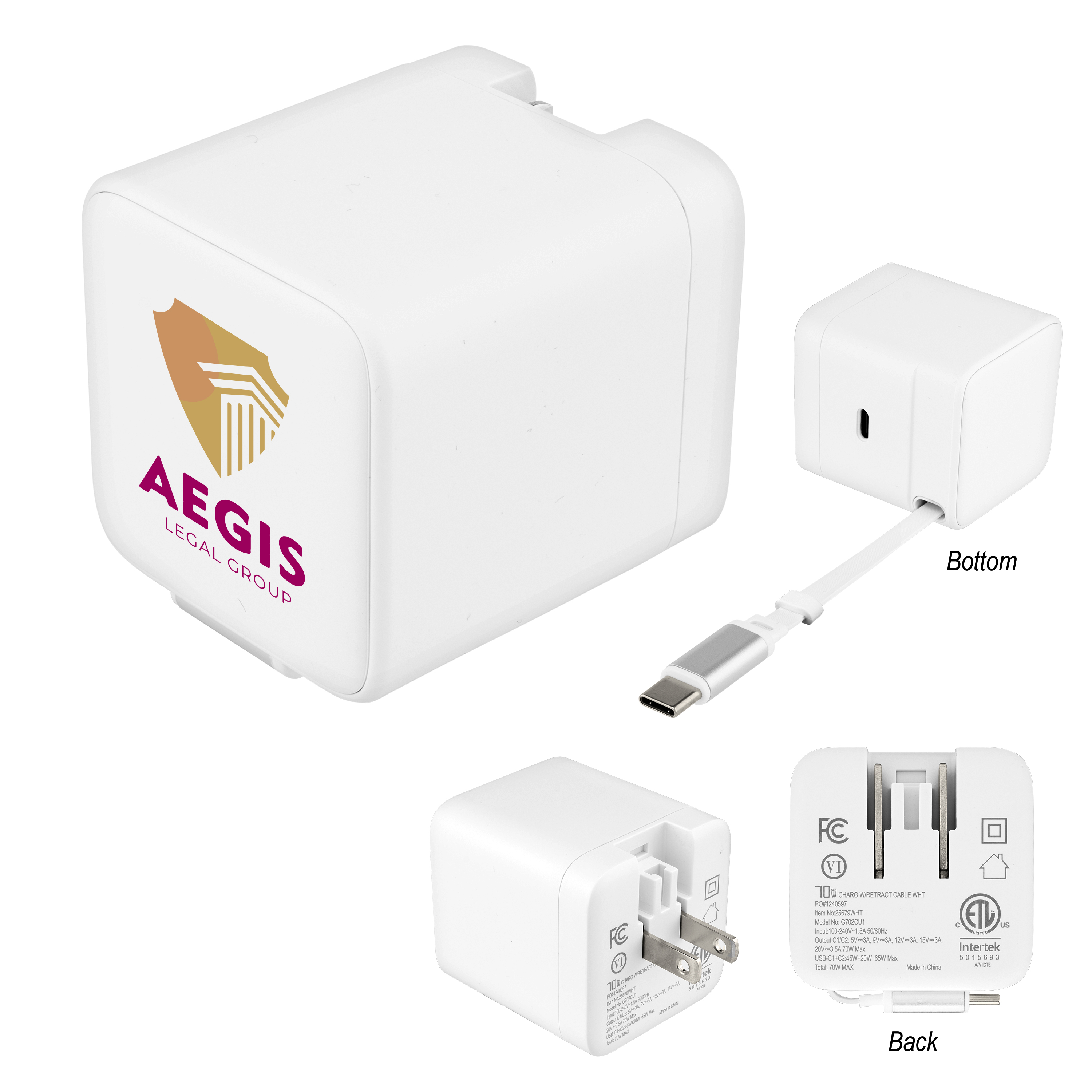 70W ETL Listed Wall Charger With Retractable Cable - WHITE