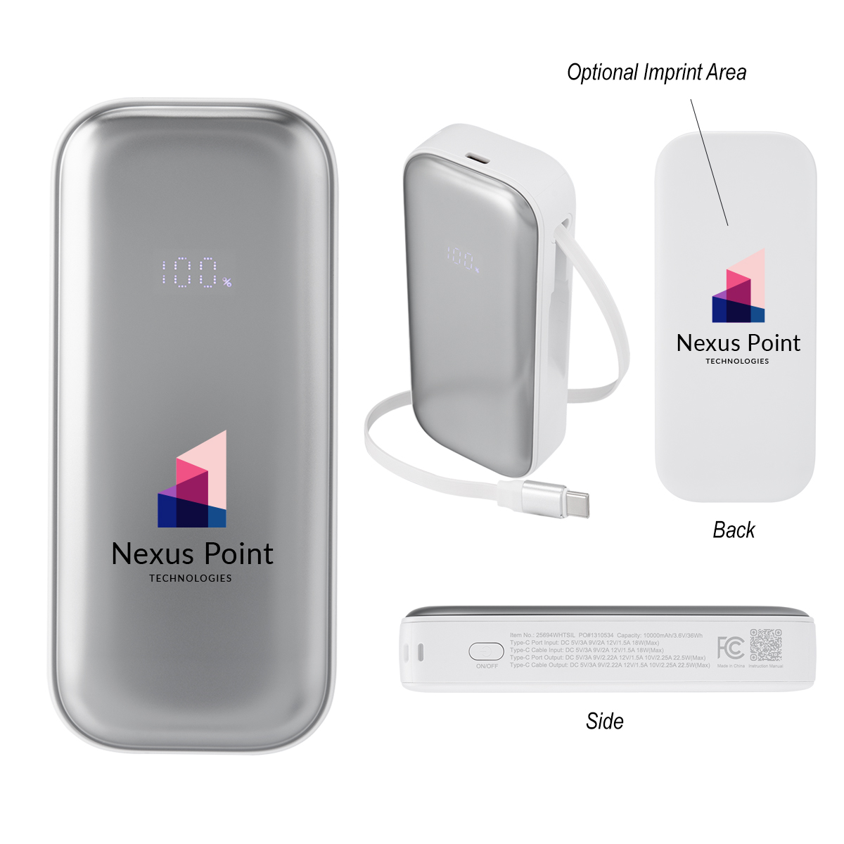 10,000 mAh Power Bank with Retractable Type-C Cable