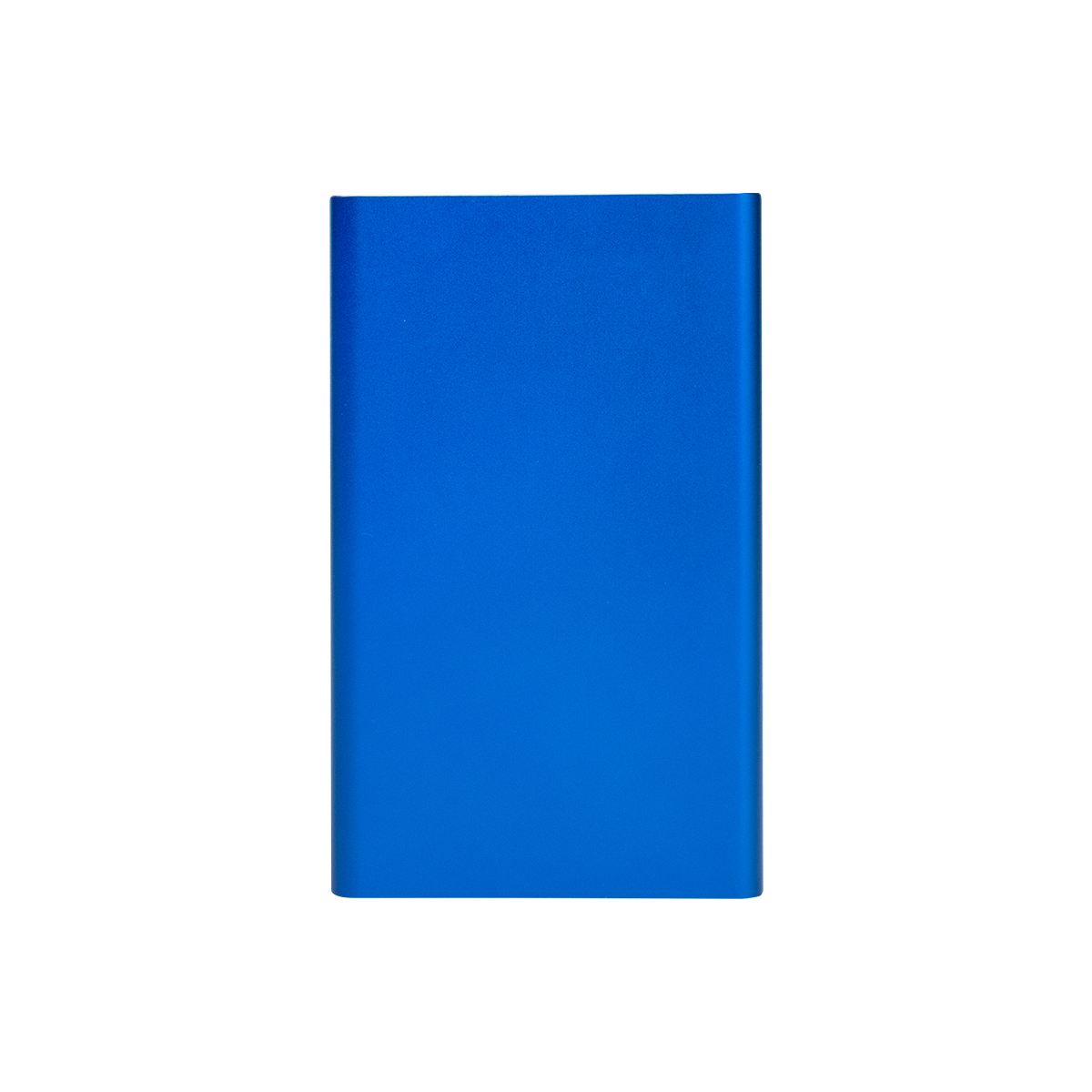Image 6: A blue, rectangular, metallic power bank is seen against a white background
