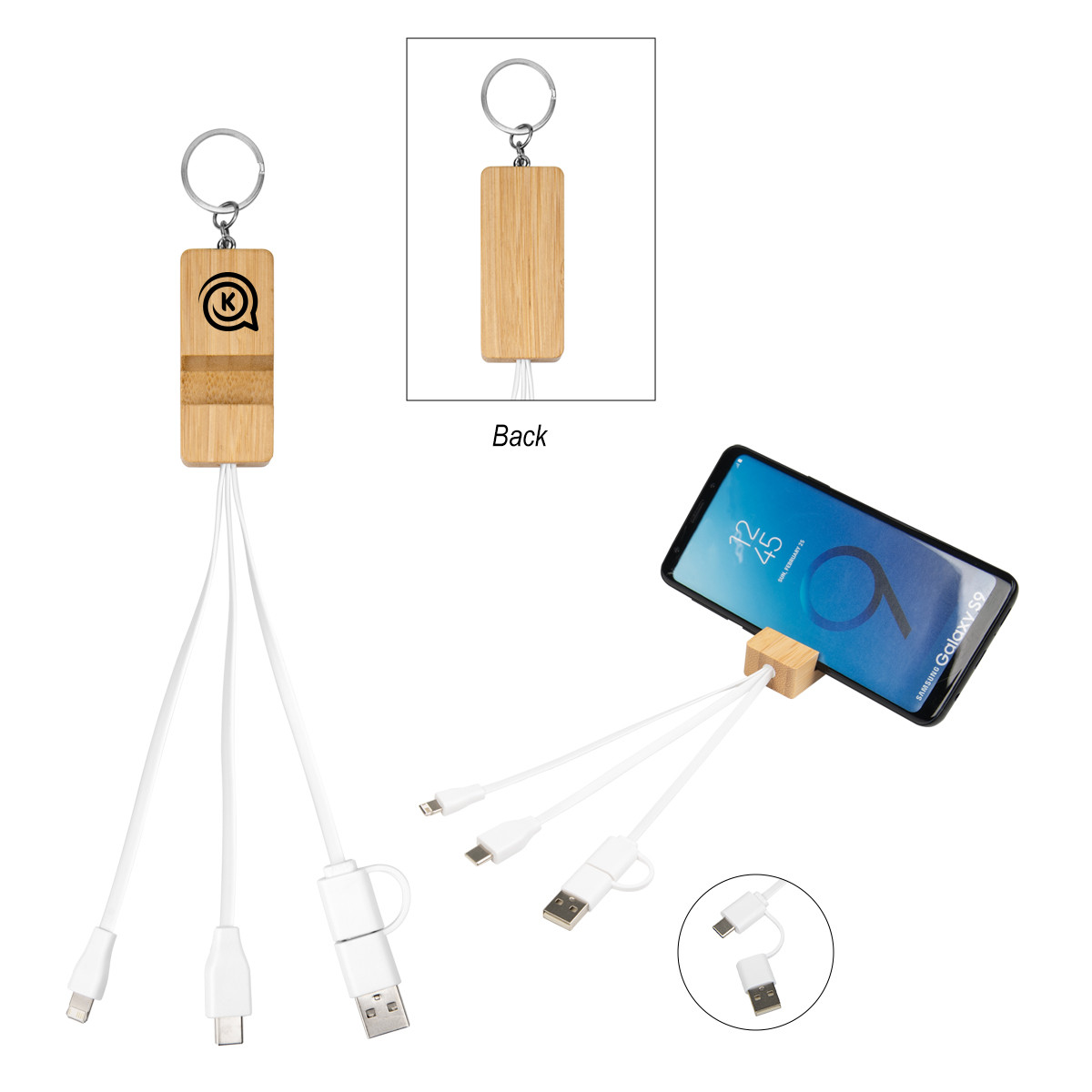 BAMBOO PHONE HOLDER KEYRING WITH CHARGING CABLES