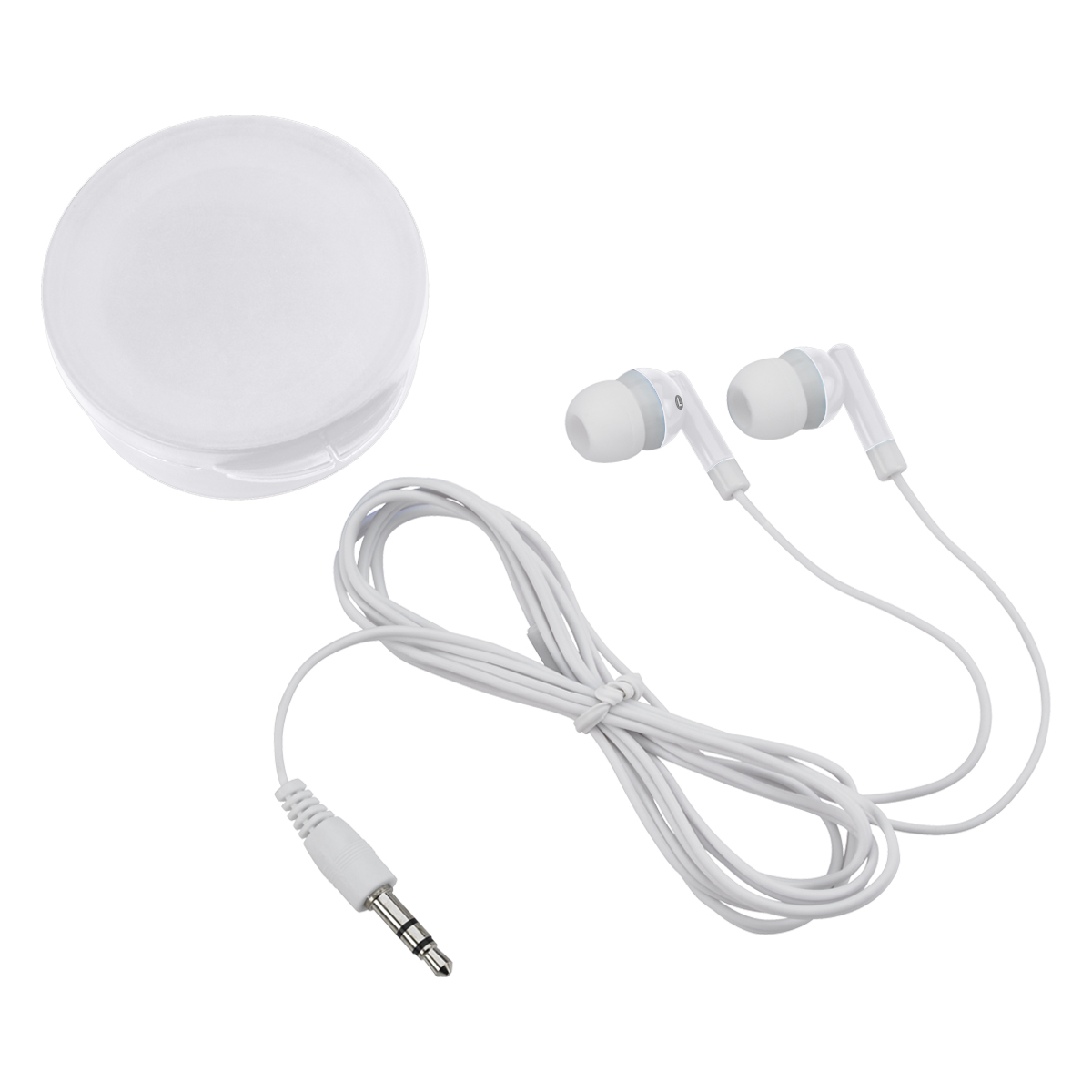 Earbuds In Round Plastic Case