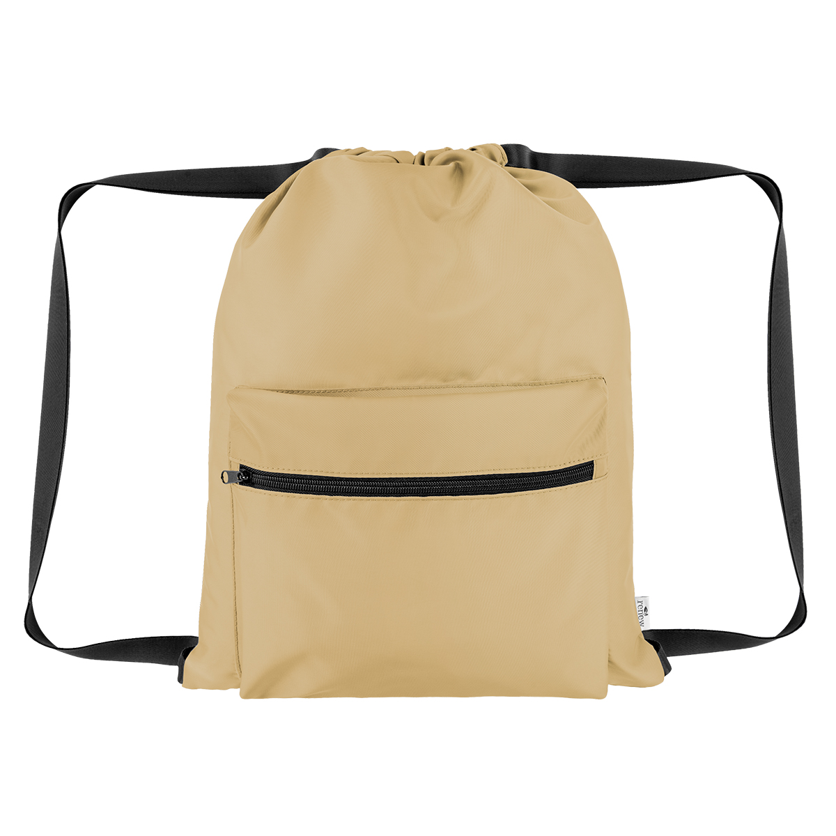 Image 4: Sand colored drawstring backpack with black shoulder straps and a zippered pocket is against a white background