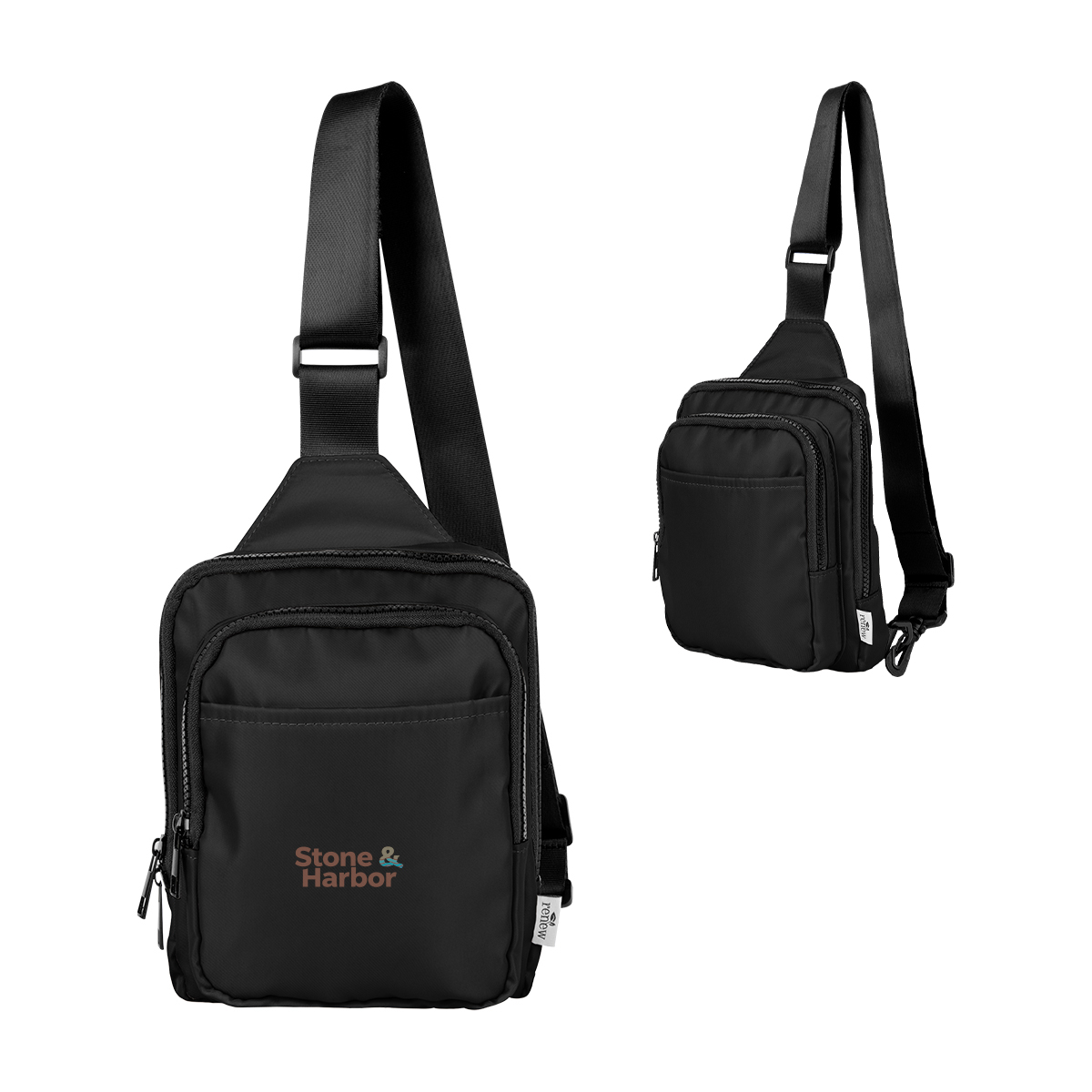 Image 16: Stone & Harbor black bag with several zippers and a thick strap that goes over the left shoulder with an additional image of it hanging at a slight angle