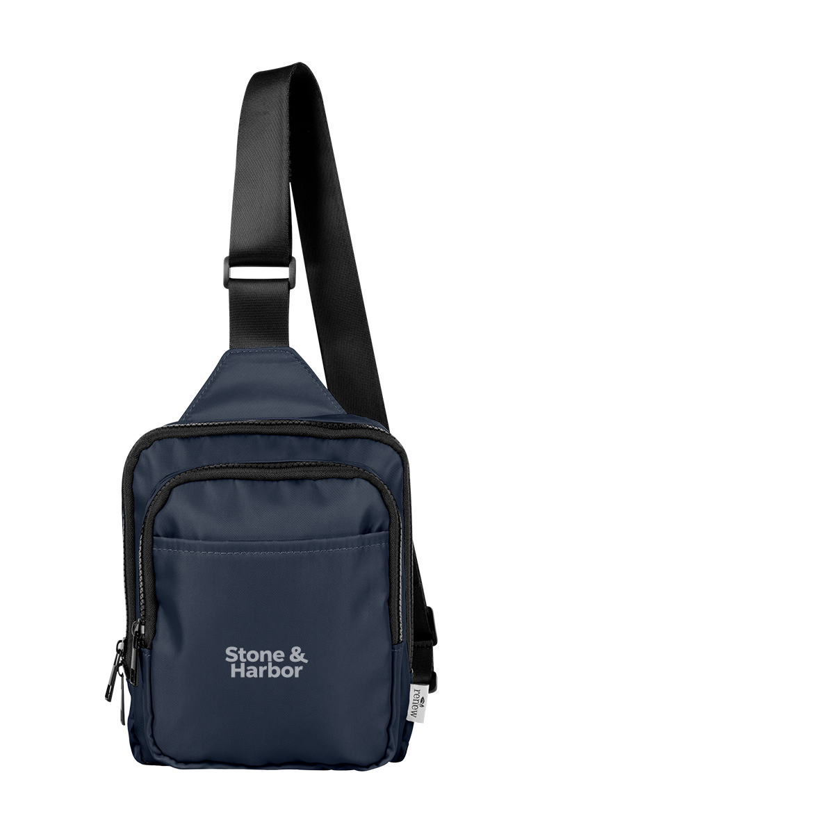 Image 4: Stone & Harbor navy blue sling bag with black strap on a white background