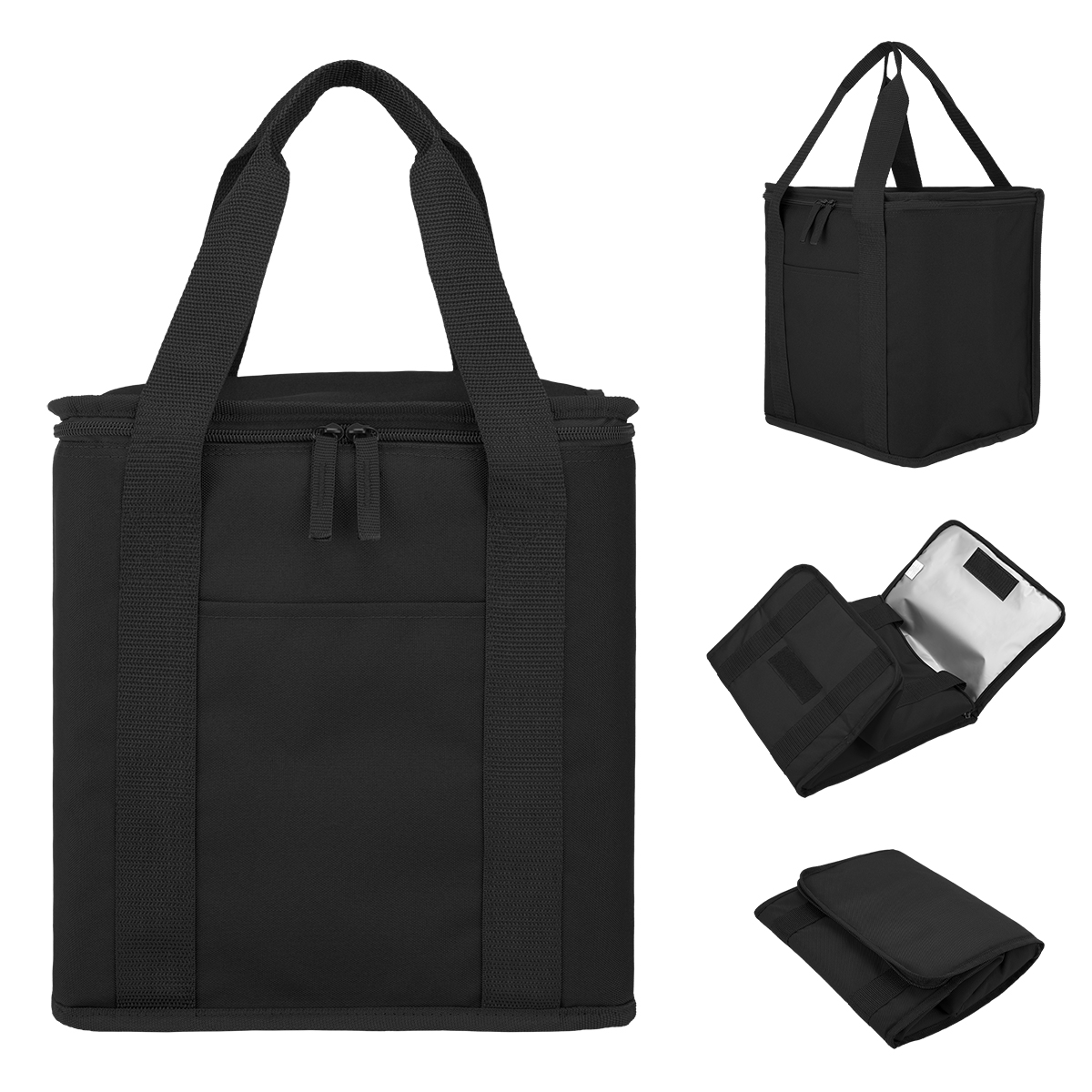 Image 4: A set of product images depicting a black insulated cooler bag with handles