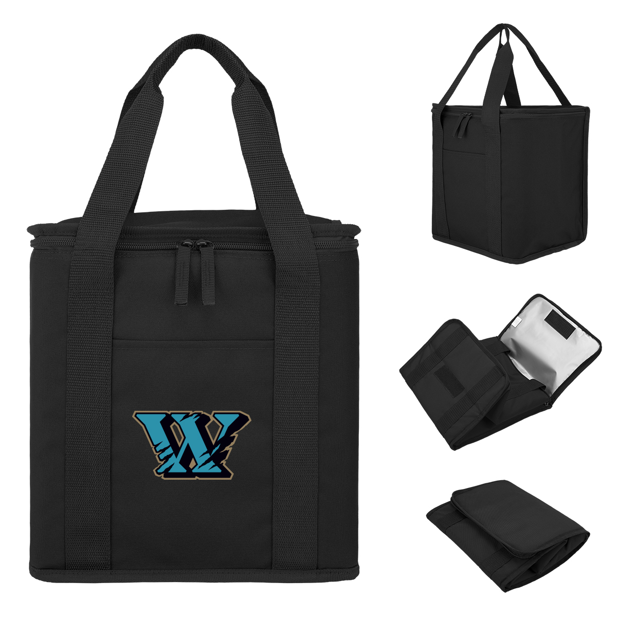 Image 6: Black tote bag with a blue and gold jagged W logo, shown in full frontal view, as well as folded, open, and in a perspective view