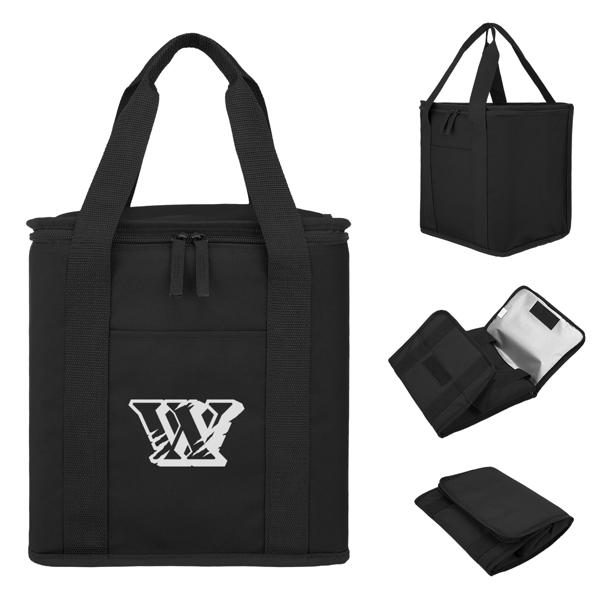 Image 8: Black insulated bag with a white logo and four different views