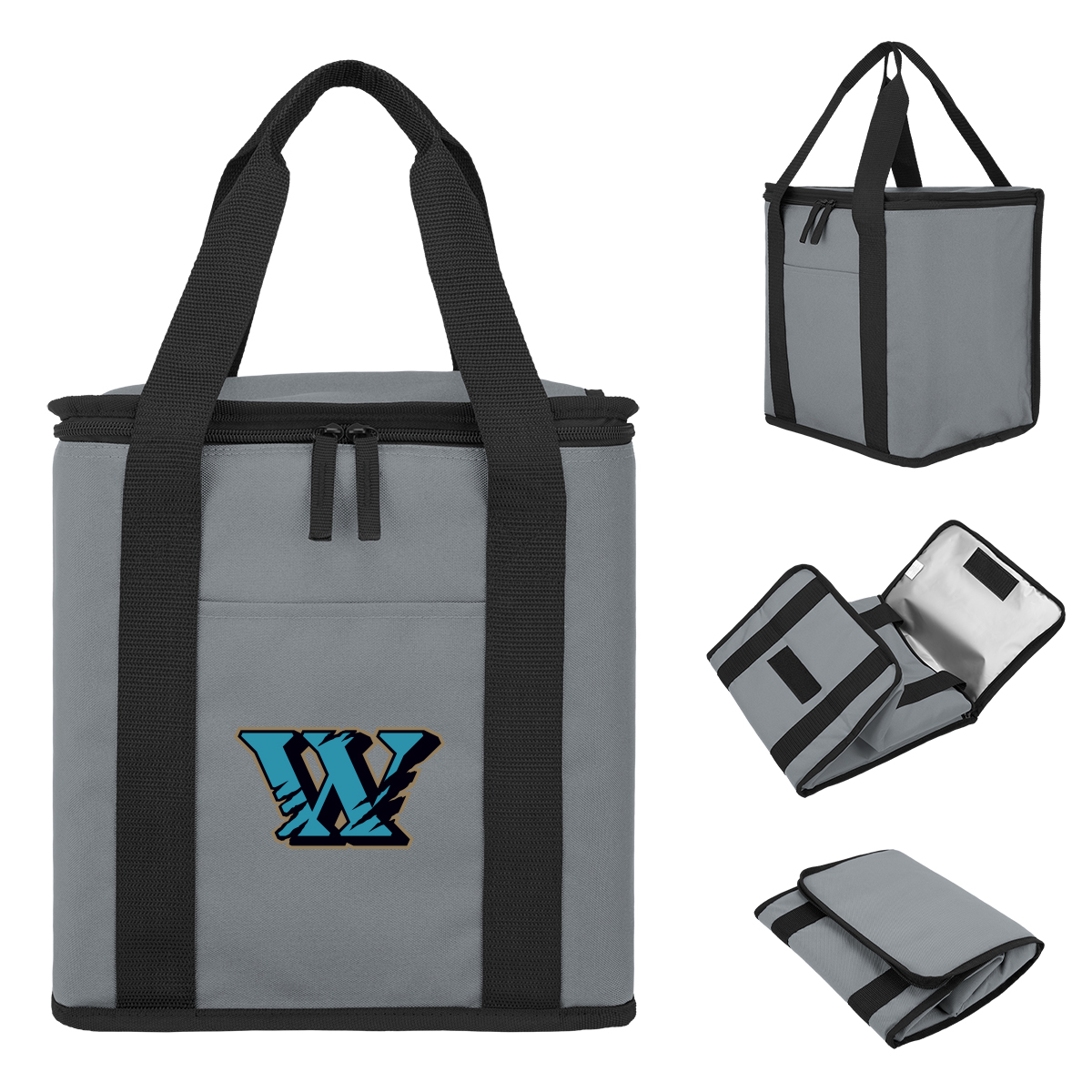 Image 12: Gray cooler bag with black handles, a zipper closure and a blue and black W logo