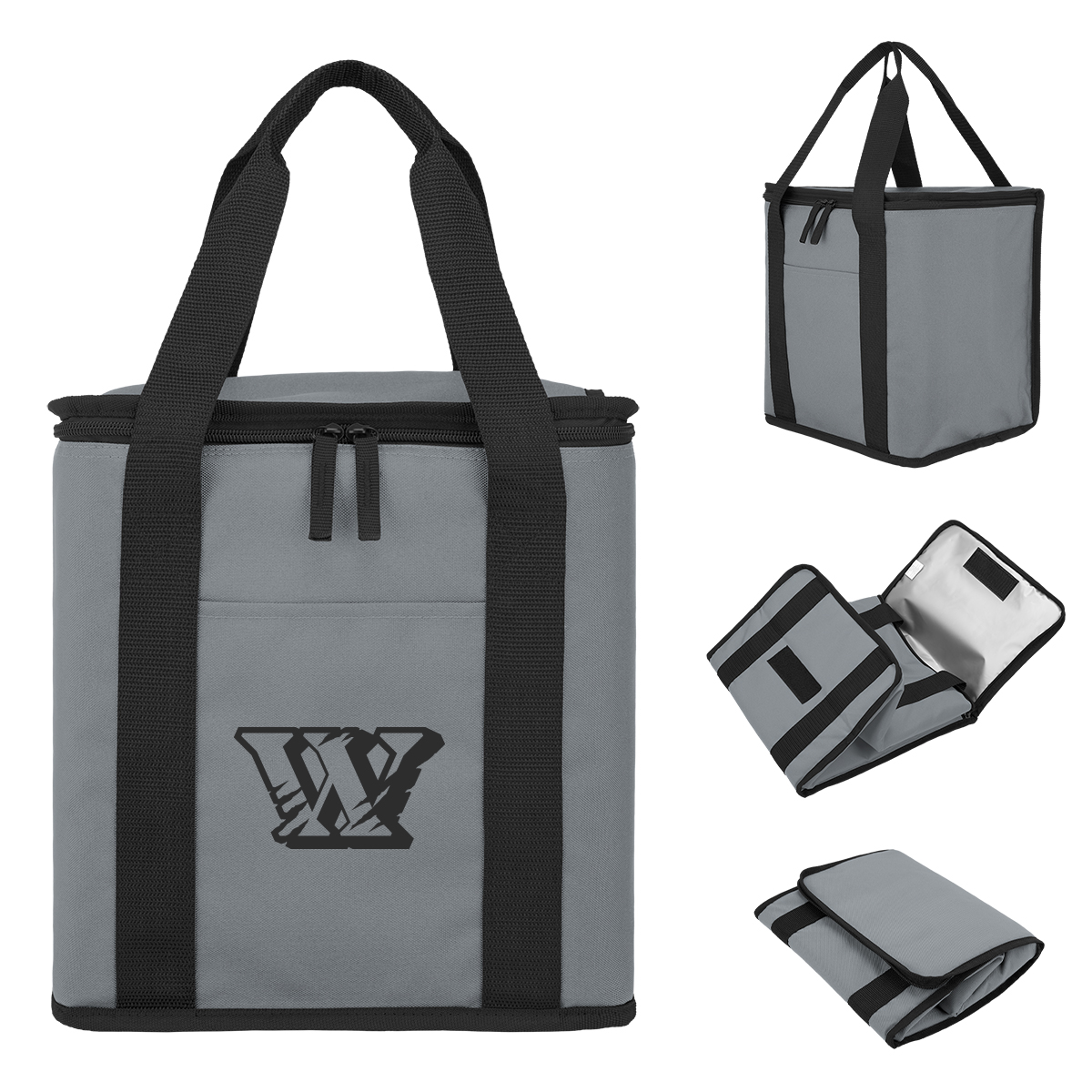 Image 14: The gray insulated tote bag shown from several angles, including one that is opened and one that is folded flat