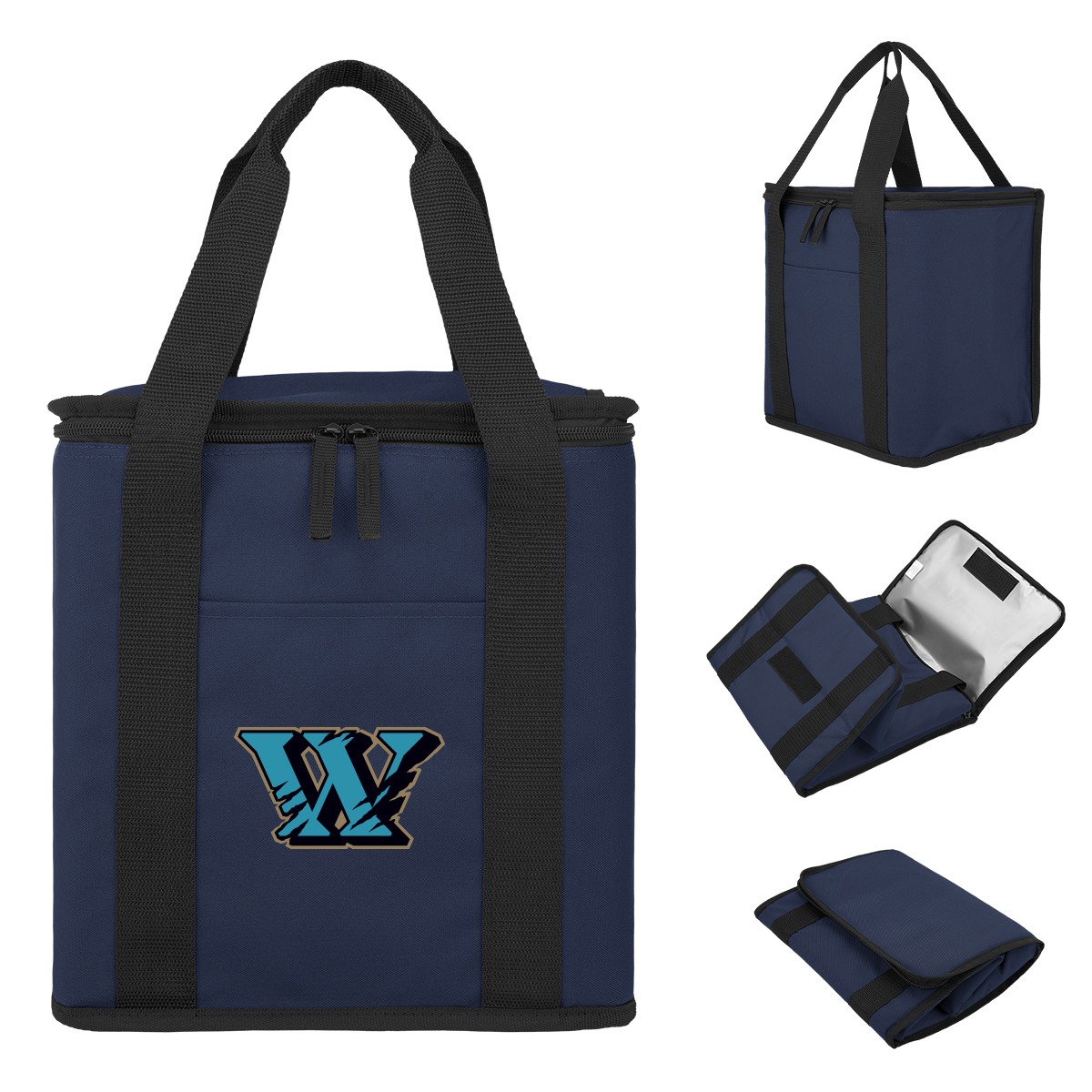 Image 18: The navy blue insulated bag has black straps and a stylized logo in blue and gold