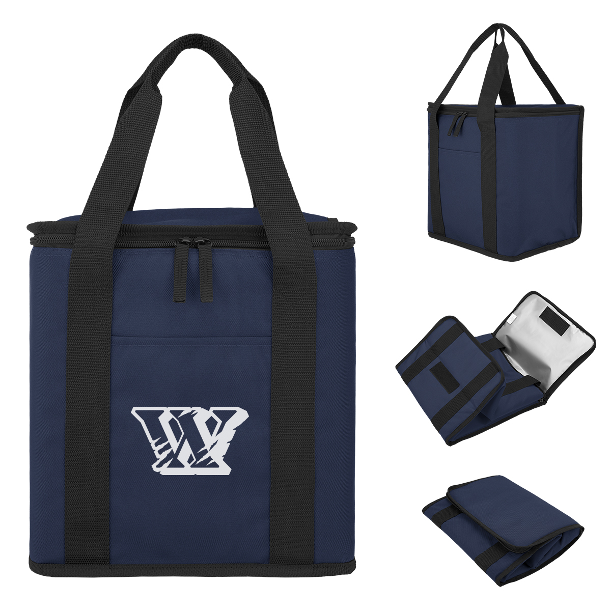 Image 20: The image displays a set of navy blue cooler bags with black straps, featuring a logo on the front. The bags are shown in different angles and states, including open and folded