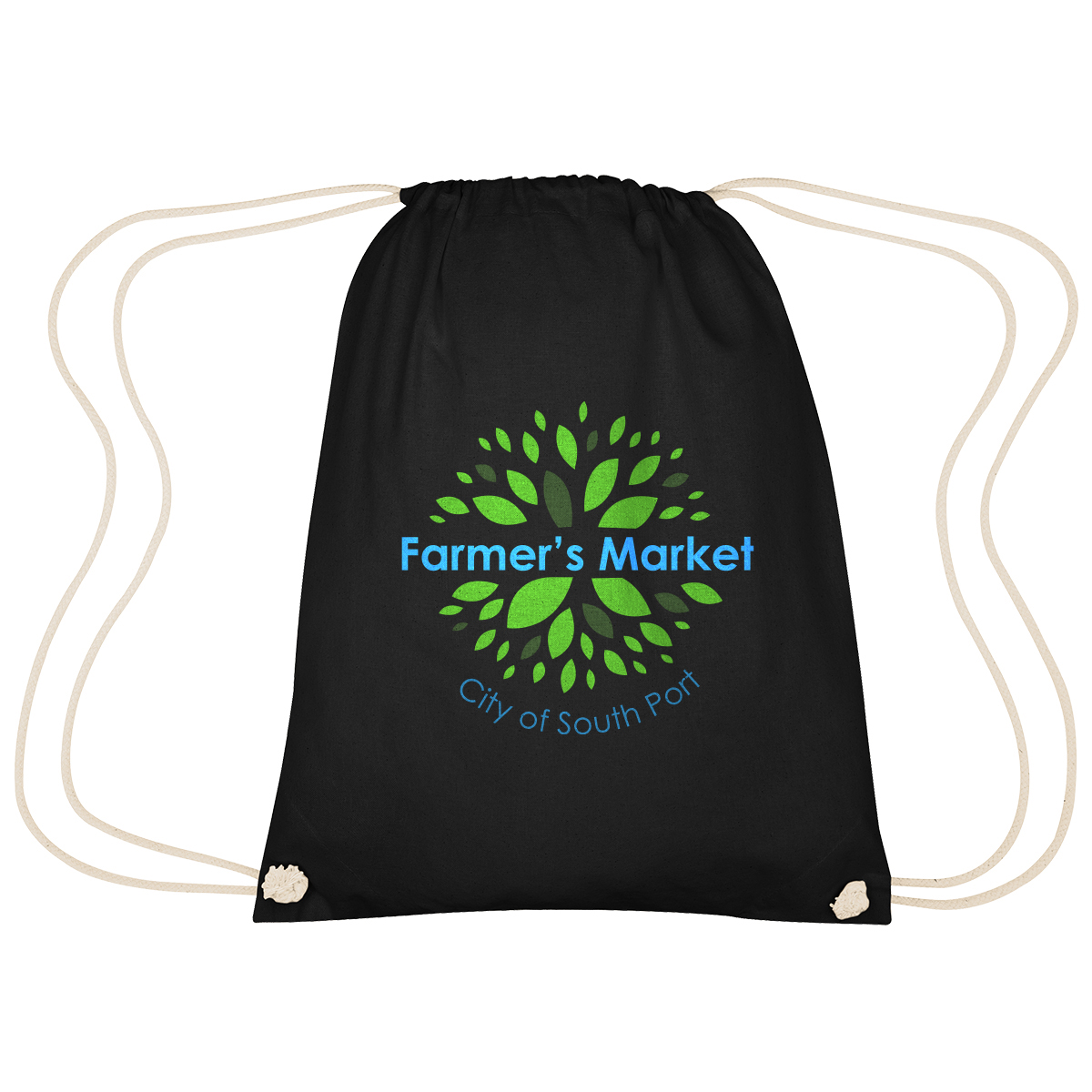 Image 10: Drawstring bag that has the logo for City of South Port Farmer's Market