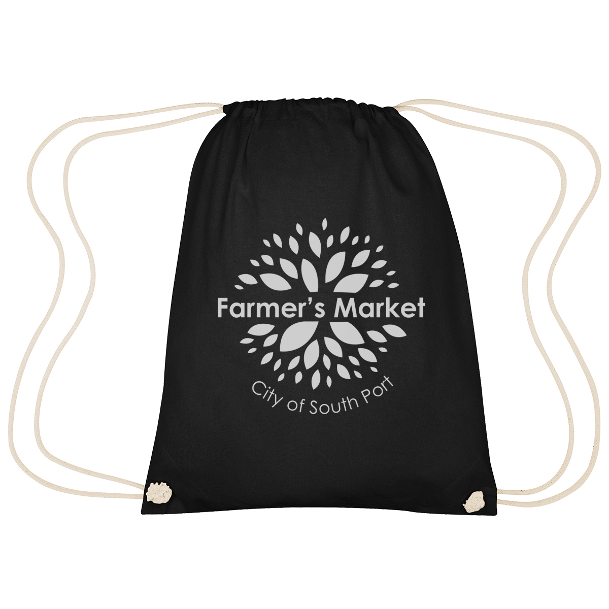 Image 38: Black drawstring bag with the words Farmer's Market City of South Port written in white on the front