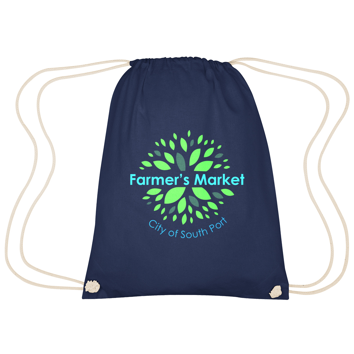 Image 32: Dark-blue drawstring bag with an illustration of green leaves surrounding the words Farmer's Market City of South Port in light-blue letters