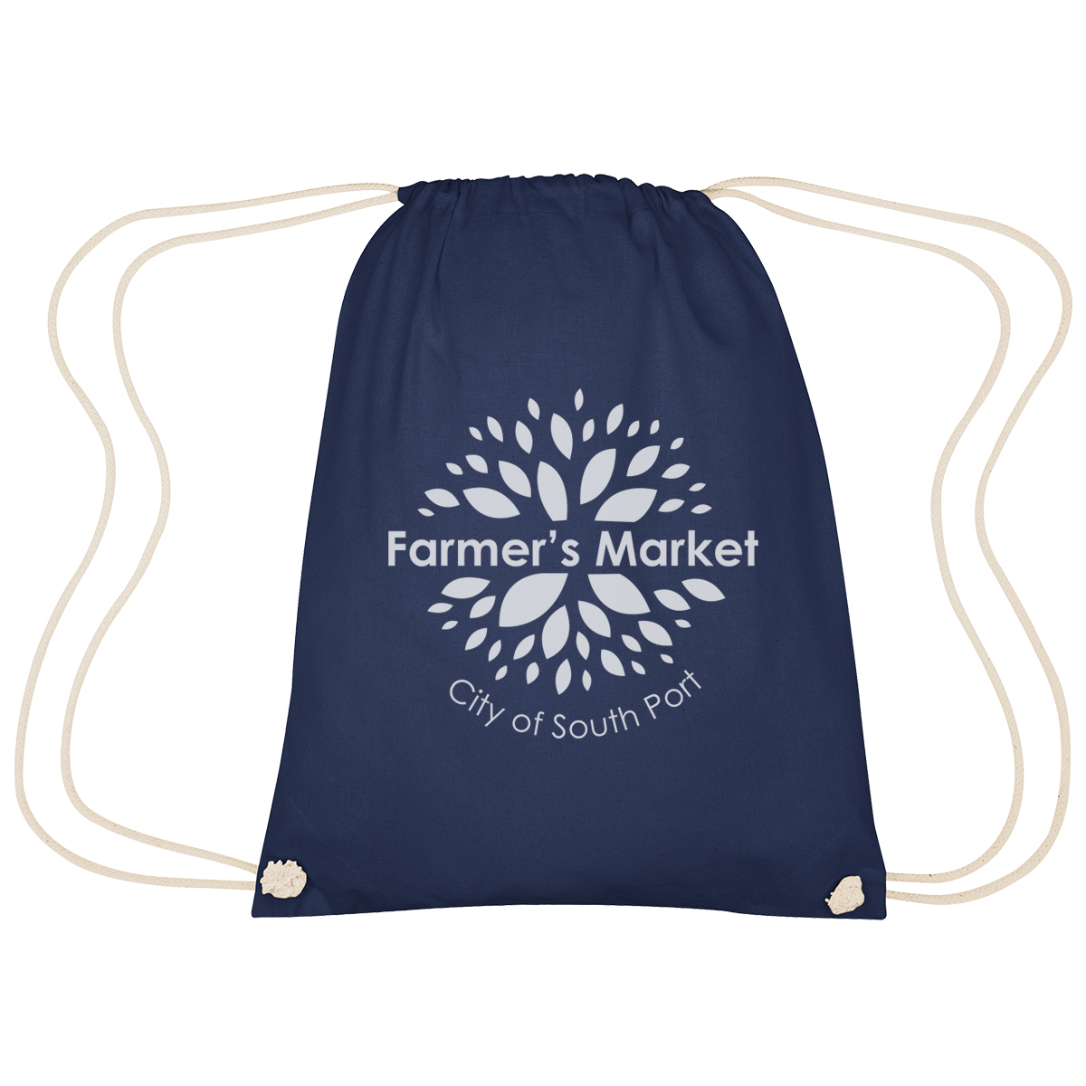 Image 36: Navy blue drawstring bag with Farmer's Market City of South Port logo