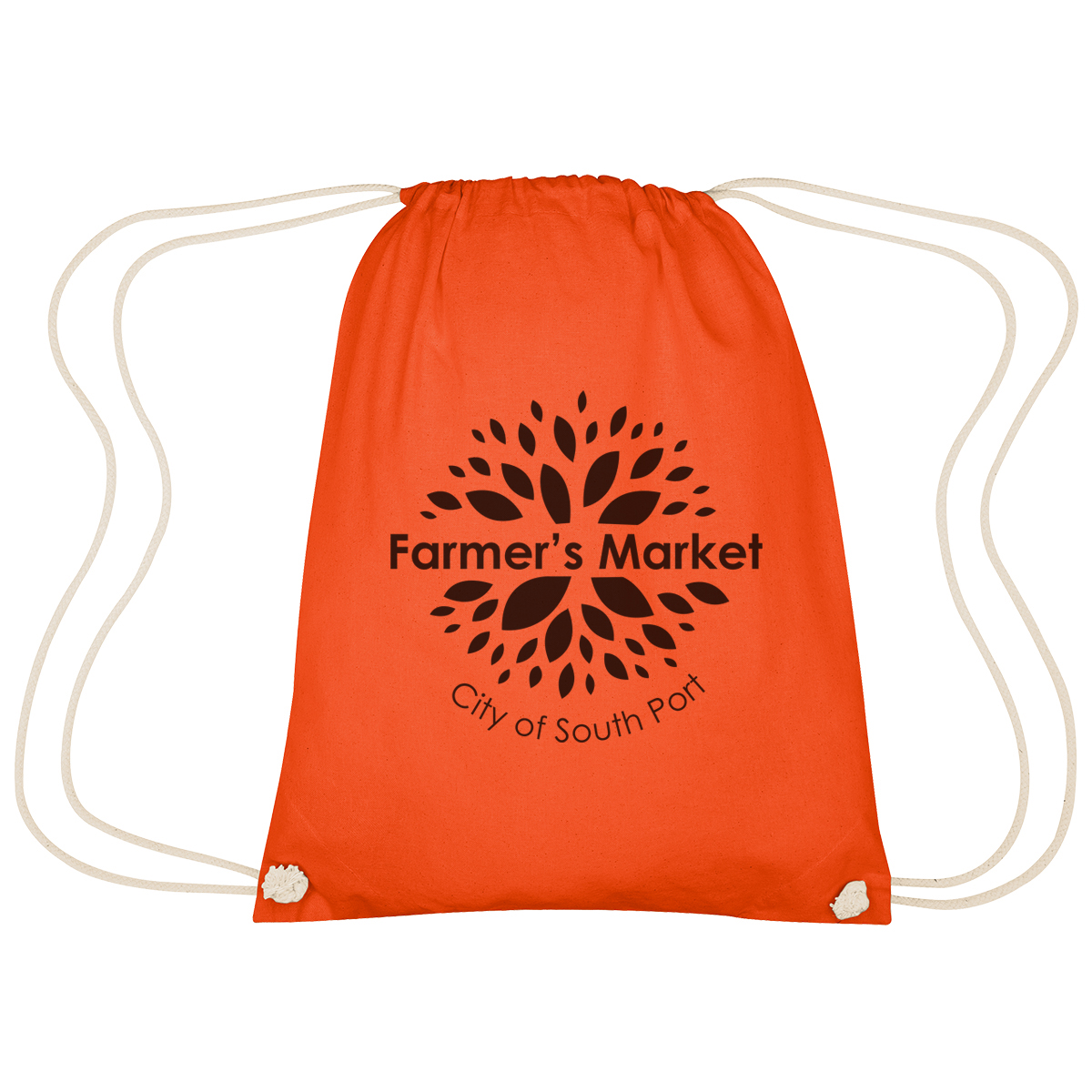 Image 34: Orange drawstring bag with the Farmer's Market City of South Port logo