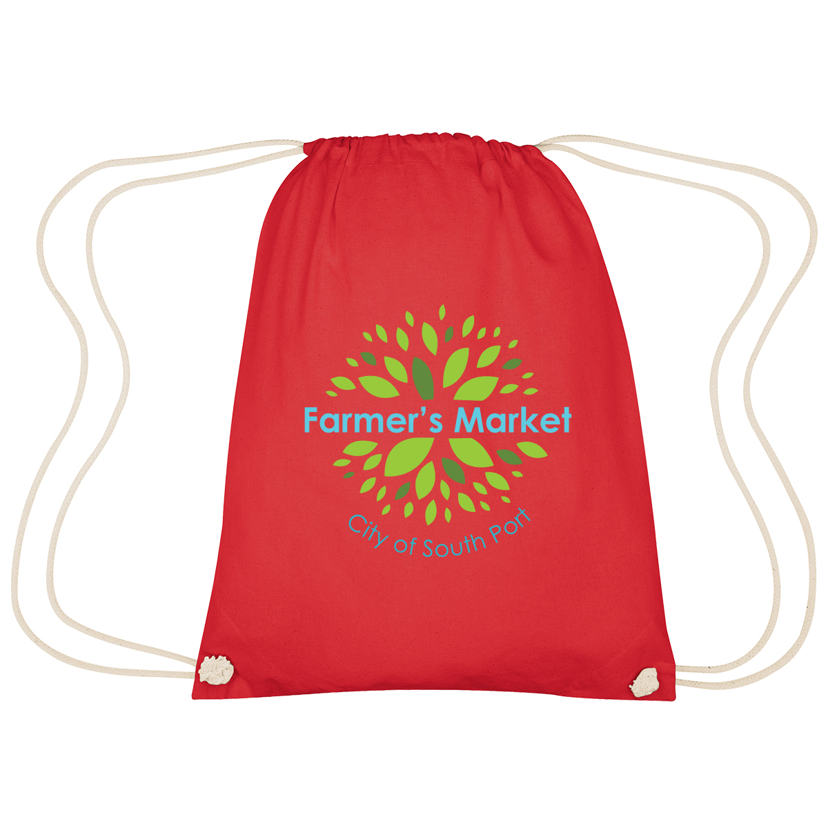 Image 20: Red drawstring bag with Farmer's Market City of South Port printed on it