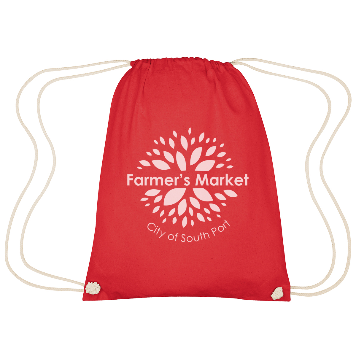 Image 16: Red drawstring bag with white logo, “Farmer’s Market City of South Port”