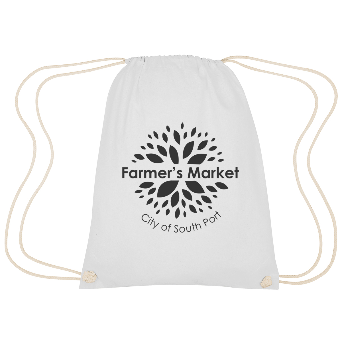 Image 22: A white drawstring bag with the text Farmer's Market City of South Port and a leafy design in black