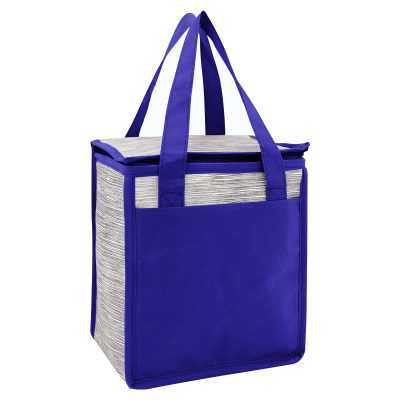 Image 5: A purple and silver insulated cooler bag with dual handles