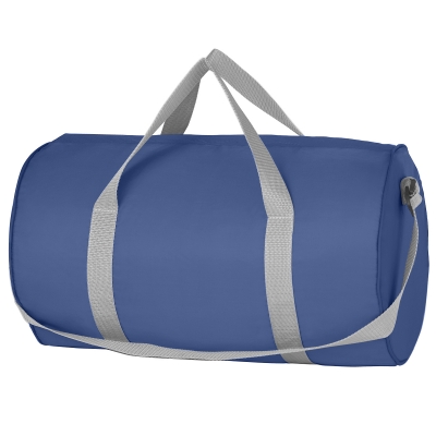 Image 7: Blue duffel bag with gray straps for carrying over the shoulder or by hand