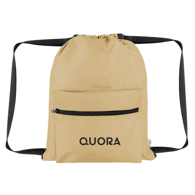 Image 1: A Quora brand drawstring backpack in beige with black straps and a zippered front pocket