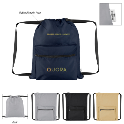 Image 7: Blue draw-string backpack with black straps and a front zipper pouch displaying the Quora logo on it