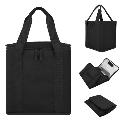 Image 3: Black lunch bag cooler shown in multiple positions including front view, angled view, and opened
