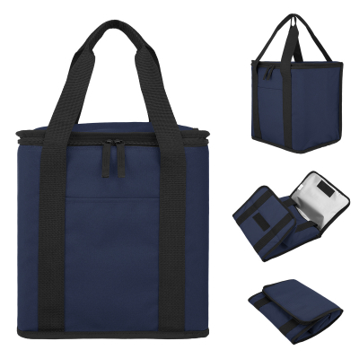 Image 15: The blue-colored insulated tote bag is set up in four different placements, highlighting its foldable feature and the different view angles