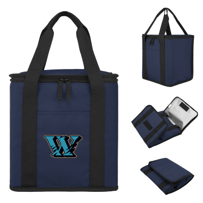 Image 17: Blue insulated cooler bag with black straps and a blue, yellow, and black logo