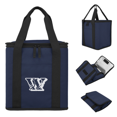 Image 19: The navy blue cooler tote bag has black handles and a white logo