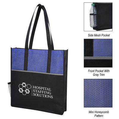 Image 1: Black and blue honeycomb tote bag with black straps and white Hospital Staffing Solutions logo