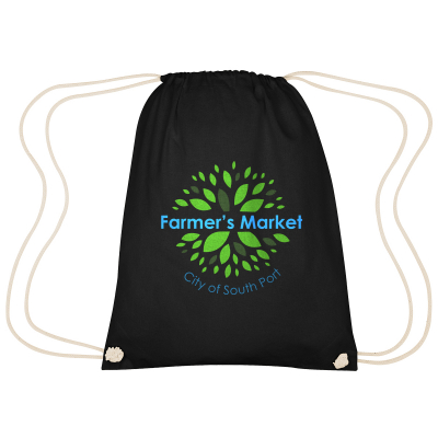 Image 9: Black drawstring bag with Farmer's Market City of South Port written on it, surrounded by green leaves