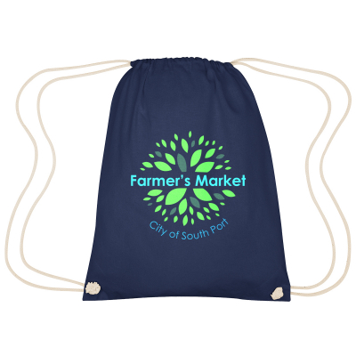 Image 31: Blue drawstring bag with the words Farmer's Market, City of South Port written on it in blue above a circular design of green leaves
