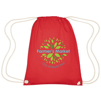 Image 19: A red drawstring bag, featuring a logo that reads Farmer's Market, City of South Port, surrounded by green leaves in a circular pattern
