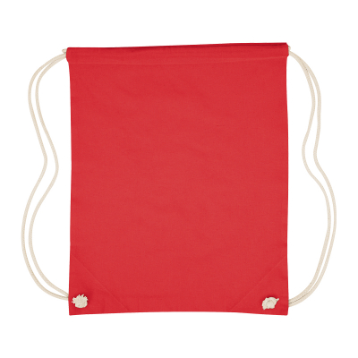 Image 17: Red cinch-top backpack made of fabric with beige strings on white background