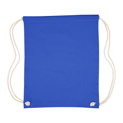 Image 41: A blue drawstring bag has white strings on a white background