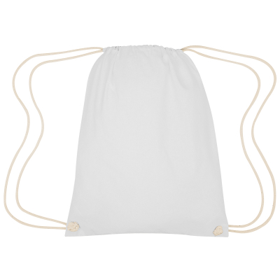 Image 49: White drawstring bag with cream-colored strings lies against a white background