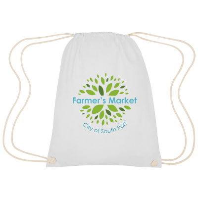 Image 29: White drawstring bag with the text Farmer's Market City of South Port in green and blue