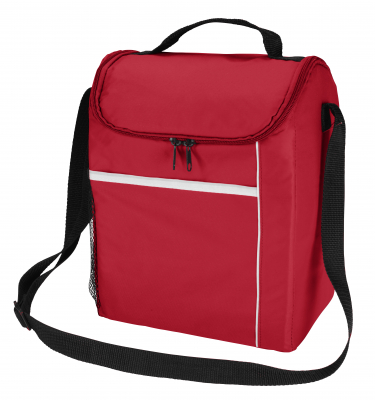 Image 3: Red insulated soft cooler bag with black shoulder strap and carrying handle