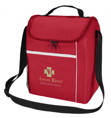Image 5: Red insulated lunch bag features a white stripe and Aston River Medical Hospital logo
