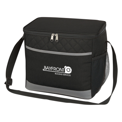 Image 1: Cooler bag with black material and gray trim, as well as the logo Bayfront Building Services
