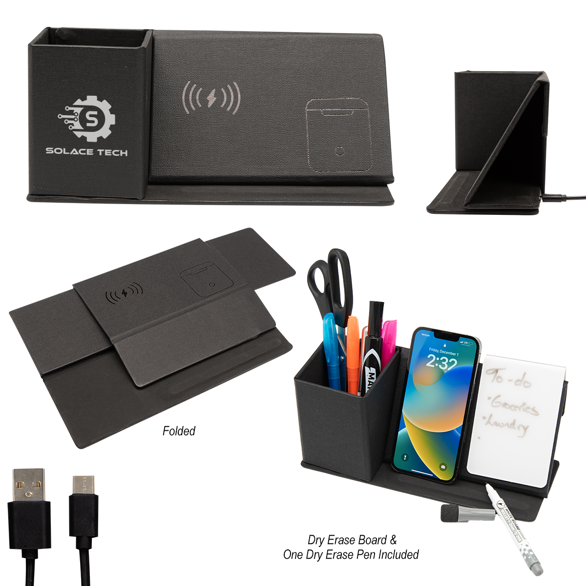 Wireless Charging Desk Organizer With Dry Erase Board - BLACK