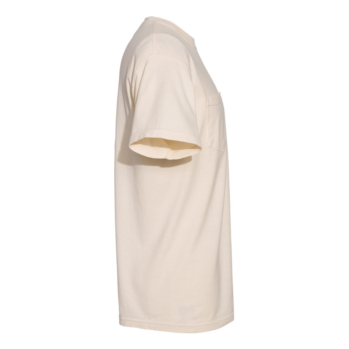 Image 22: A cream t-shirt with a chest pocket sits on a white background in a side view