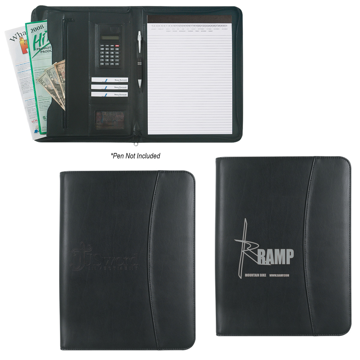 Leather Look 8 &#34; x 11&#34; Zippered Portfolio With Calculator-HIT